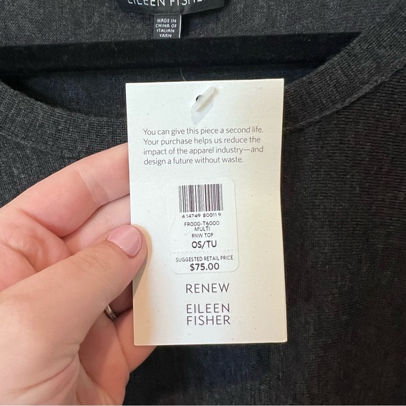 Eileen Fisher NWT 100% Merino Wool Gray Long Sleeve Top Size Medium Sequin - Picture 3 of 10